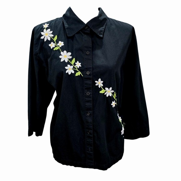 Bechamel Tops - Bechamel Cotton Embroidered Daisy Button Up Shirt 3/4 Sleeve Womens Large Black